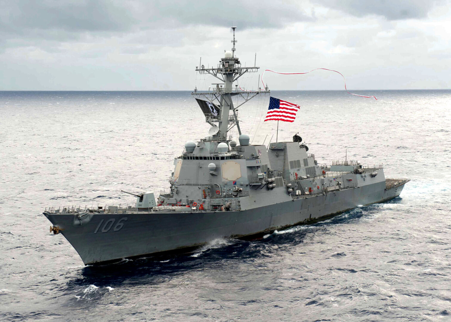 131105-N-ZZ999-003 131105-N-ZZ999-003 The guided-missile destroyer USS Stockdale (DDG 106) flies a 240-foot long homeward bound pennant from its mast as it steams through the Pacific Ocean on Nov. 5, 2013. The Stockdale is returning to its homeport of San Diego, Calif., after completing an extended deployment to the U.S. 5th, 6th, and 7th Fleet areas of responsibility. Ships that have served on a continuous overseas duty for nine months and are returning to a U.S. homeport fly the homeward bound pennant. The length of the pennant is one foot for each sailor who has served aboard while overseas for more than nine months. DoD photo by U.S. Navy. (Released)