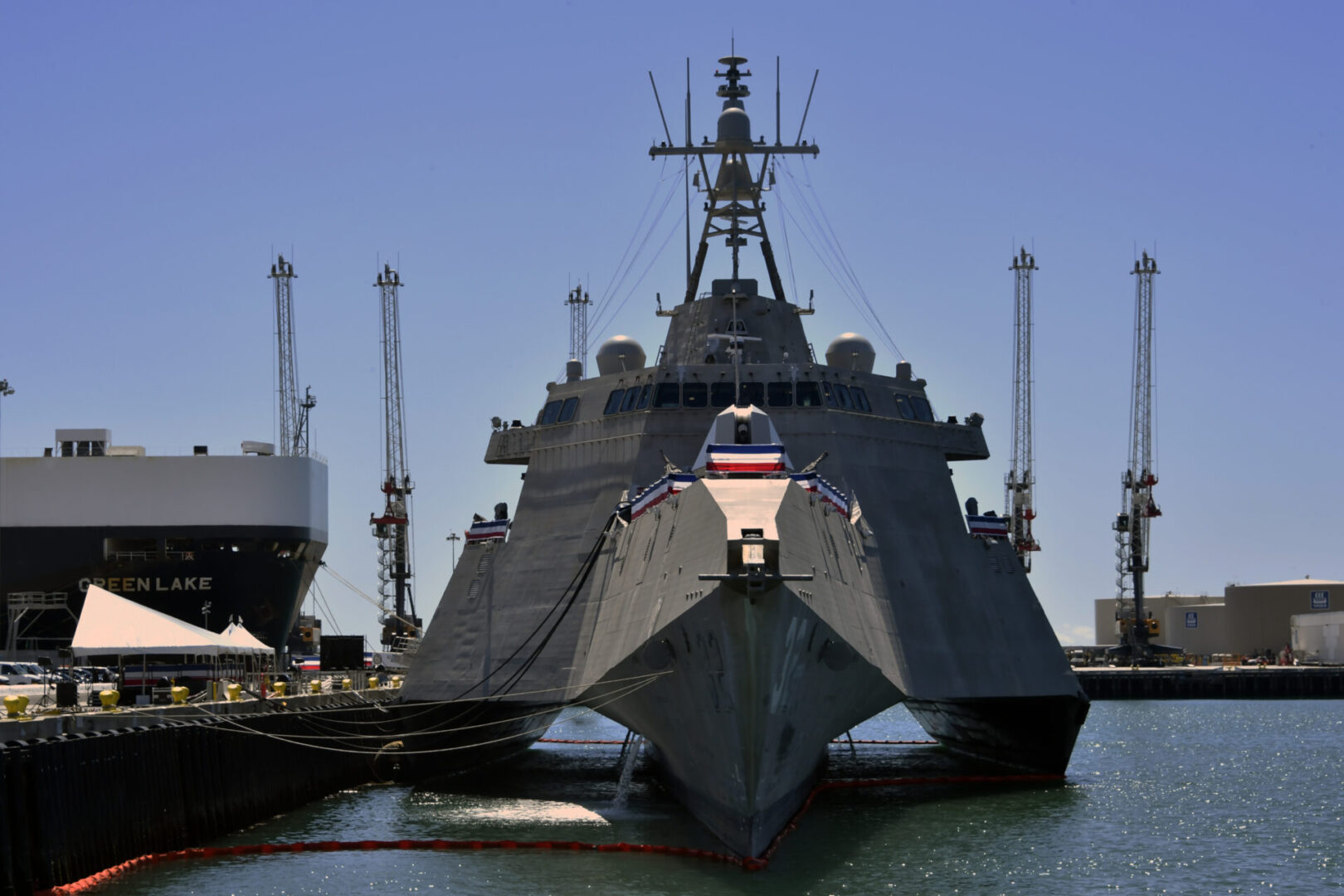 230331-N-AS200-0021 PORT HUENEME, Calif. (March 31, 2023) The Independence-variant variant littoral combat ship USS Santa Barbara (LCS 32) is in port at Naval Base Ventura County (NBVC) for its commissioning ceremony, March 31, 2023. NBVC is a strategically located naval installation composed of three operating facilities: Point Mugu, Port Hueneme and San Nicolas Island. NBVC is the home of the Pacific Seabees, West Coast E-2D Hawkeyes, three warfare centers and 80 tenant commands. (U.S. Navy photo by Ensign Drew Verbis)